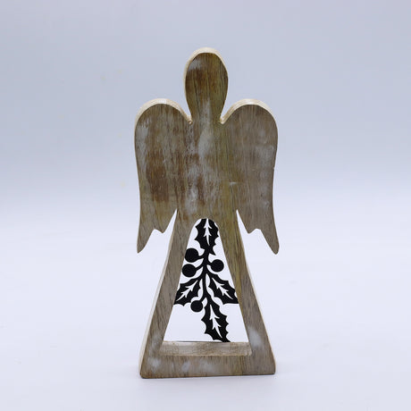Hand-Carved Mango Wood Angel, Iron Holly Cutout, 18cm
