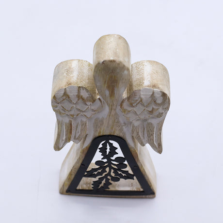 Hand-Carved Mango Wood Angel, Iron Holly Cutout, 18cm
