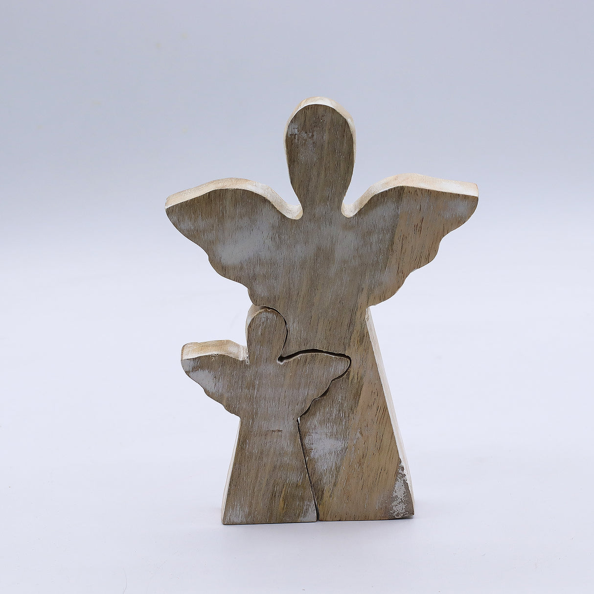 Whitewashed Hand-Carved Mango Wood Double Angel Figurine — Pack of 6