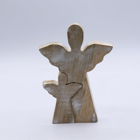 Whitewashed Hand-Carved Mango Wood Double Angel Figurine — Pack of 6