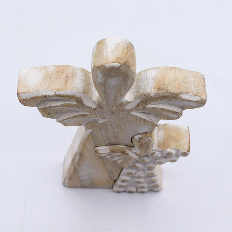 Whitewashed Hand-Carved Mango Wood Double Angel Figurine — Pack of 6