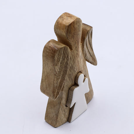 Mango Wood Embracing Angels Figurine, White Enamel Decor