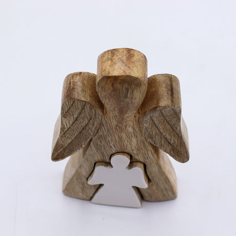 Mango Wood Embracing Angels Figurine, White Enamel Decor