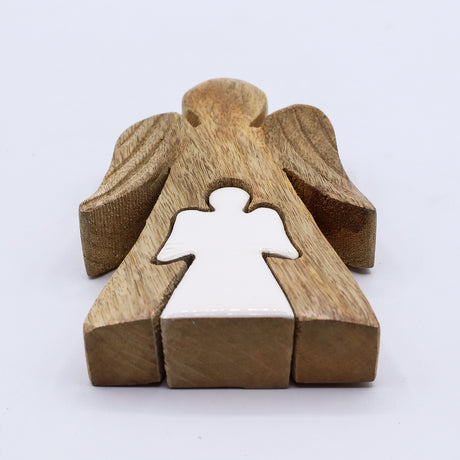 Mango Wood Embracing Angels Figurine, White Enamel Decor