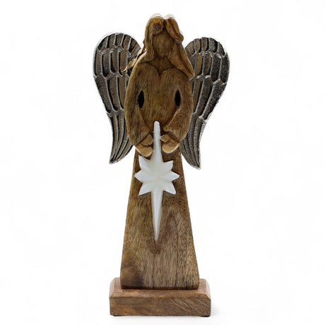 Handcarved Mango Wood Angel with Metal Wings 30cm
