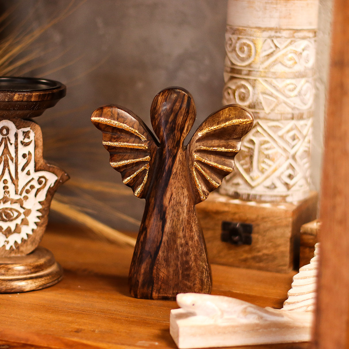 Hand-Carved Mango Wood Angel Figurine, Gold Wings 19cm