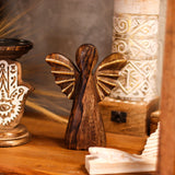 Hand-Carved Mango Wood Angel Figurine, Gold Wings 19cm