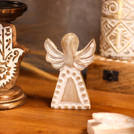 Whitewashed Hand-Carved Mango Wood Angel Figurine