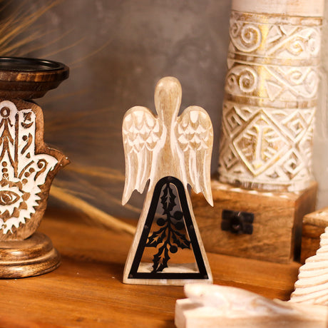 Hand-Carved Mango Wood Angel, Iron Holly Cutout, 18cm