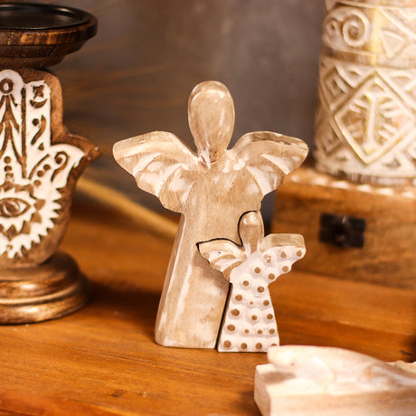 Whitewashed Hand-Carved Mango Wood Double Angel Figurine — Pack of 6