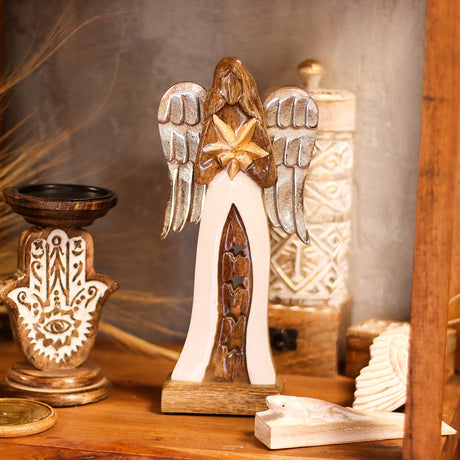 30cm Mango Wood Angel Figurine with Metal Wings