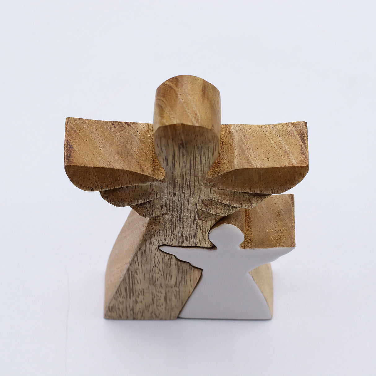 Nested Mango Wood Angel Figurine White Enamel