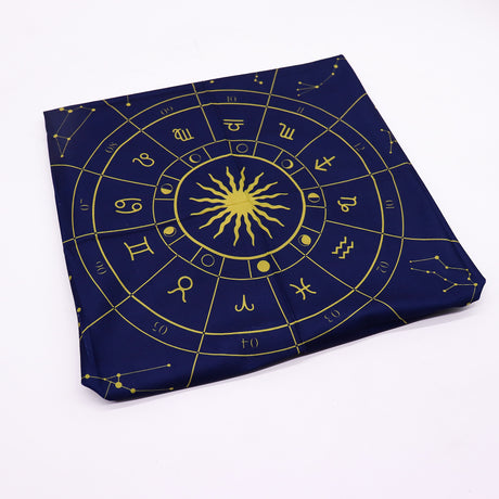 Pânză pentru citirea tarotului cu roata zodiacală, bleumarin auriu, 75x75cm