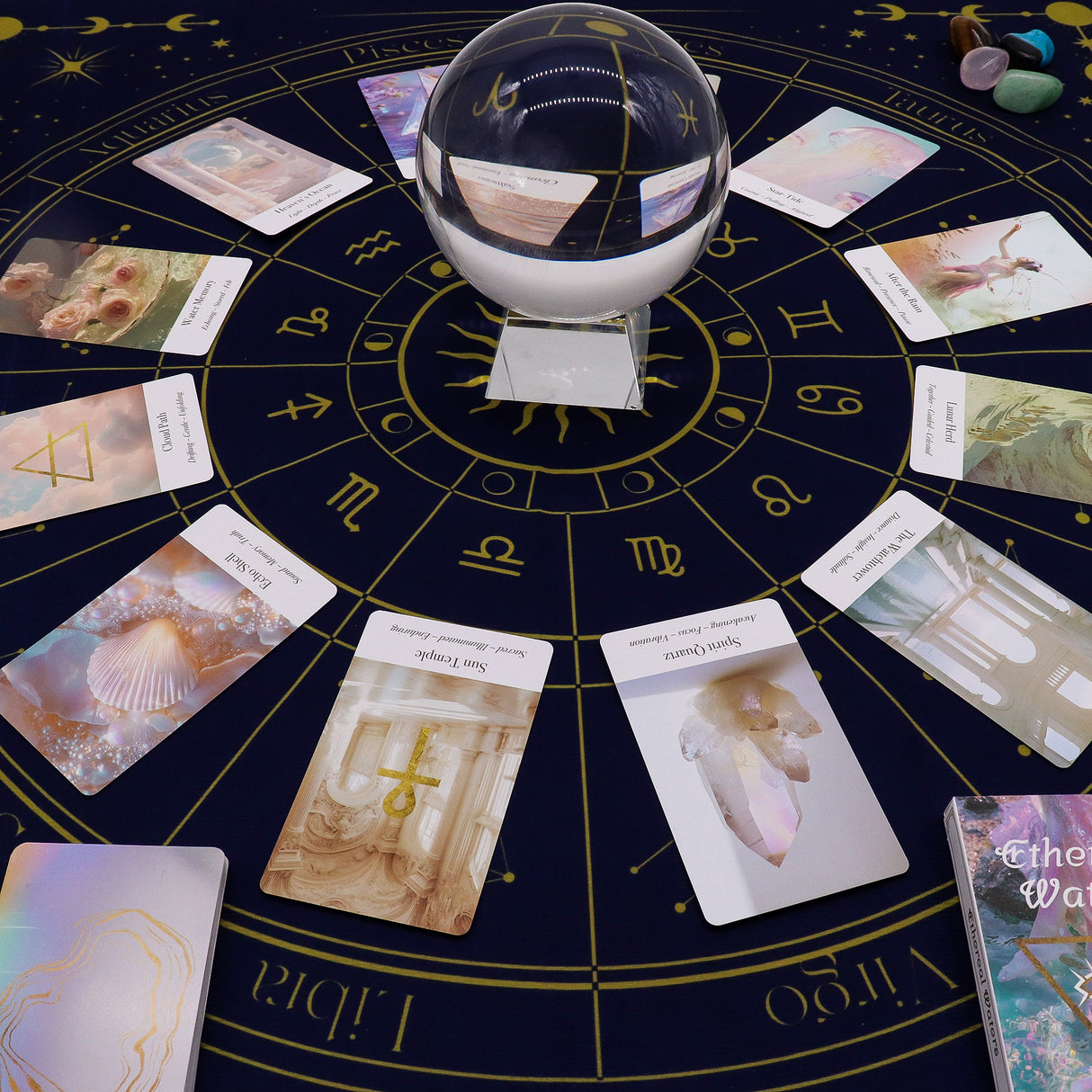 Tarot Leesdoek Dierenriemwiel Navy Goud 75x75cm
