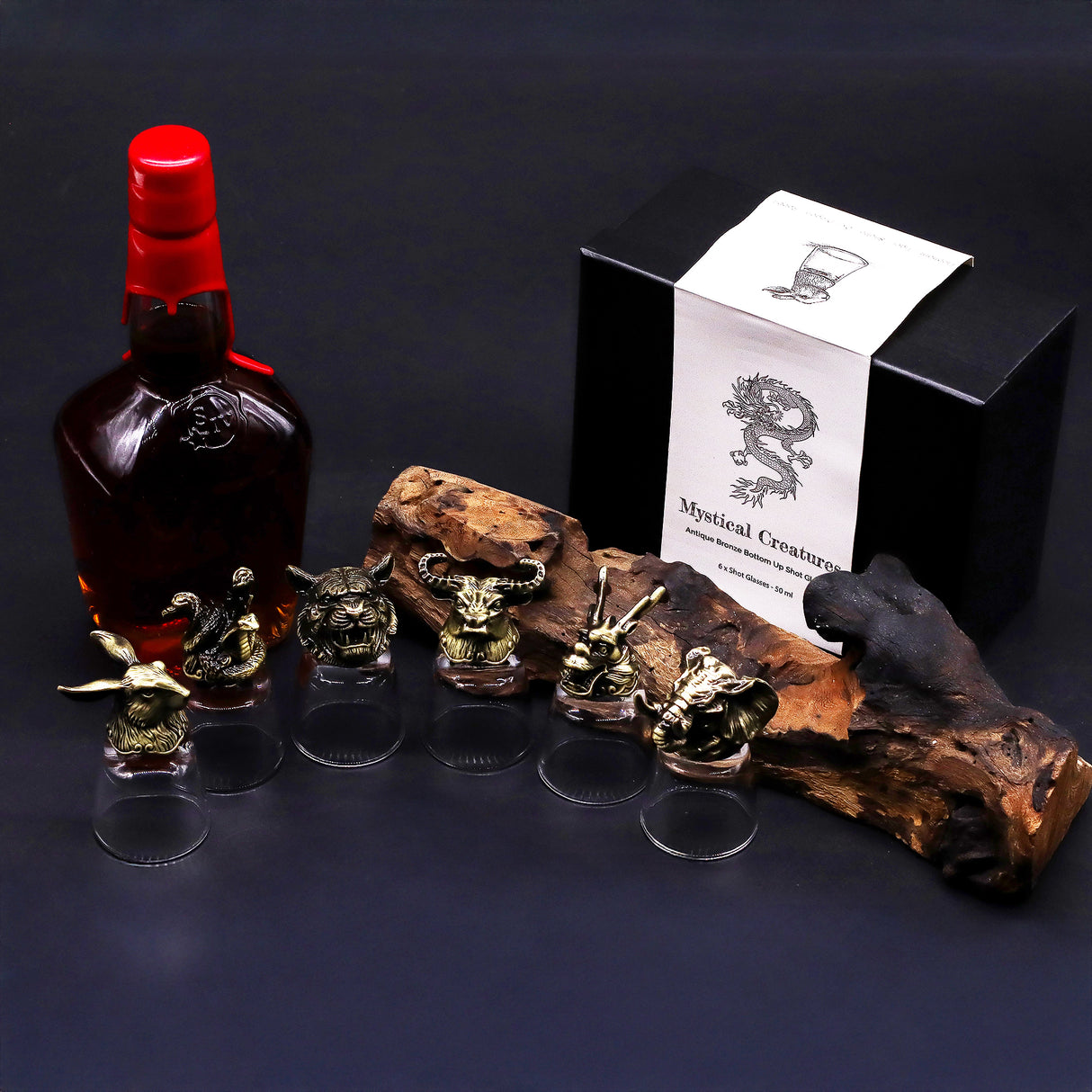 Ensemble de 6 verres à shot tête d'animal bronze antique 50 ml