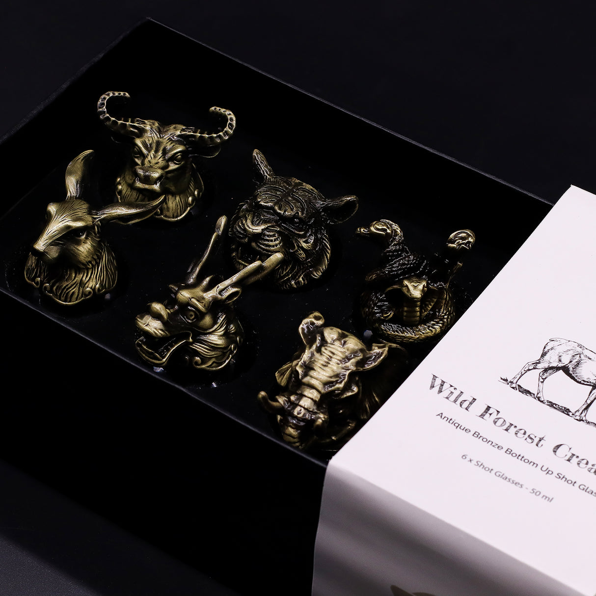 Ensemble de 6 verres à shot tête d'animal bronze antique 50 ml