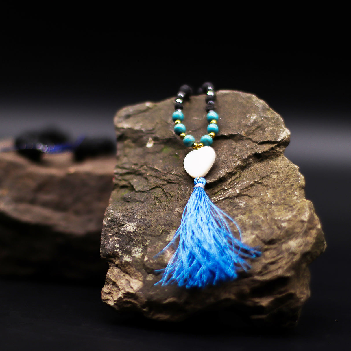 Lava Stone Mala Meditation Necklace with Blue Tassel