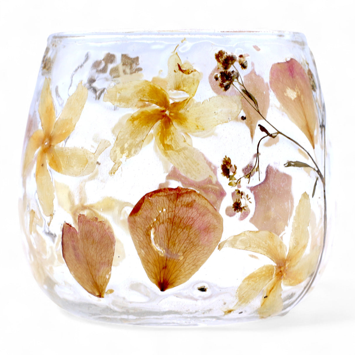Bougeoir tealight votif en verre recyclé avec fleurs pressées 8x8 cm