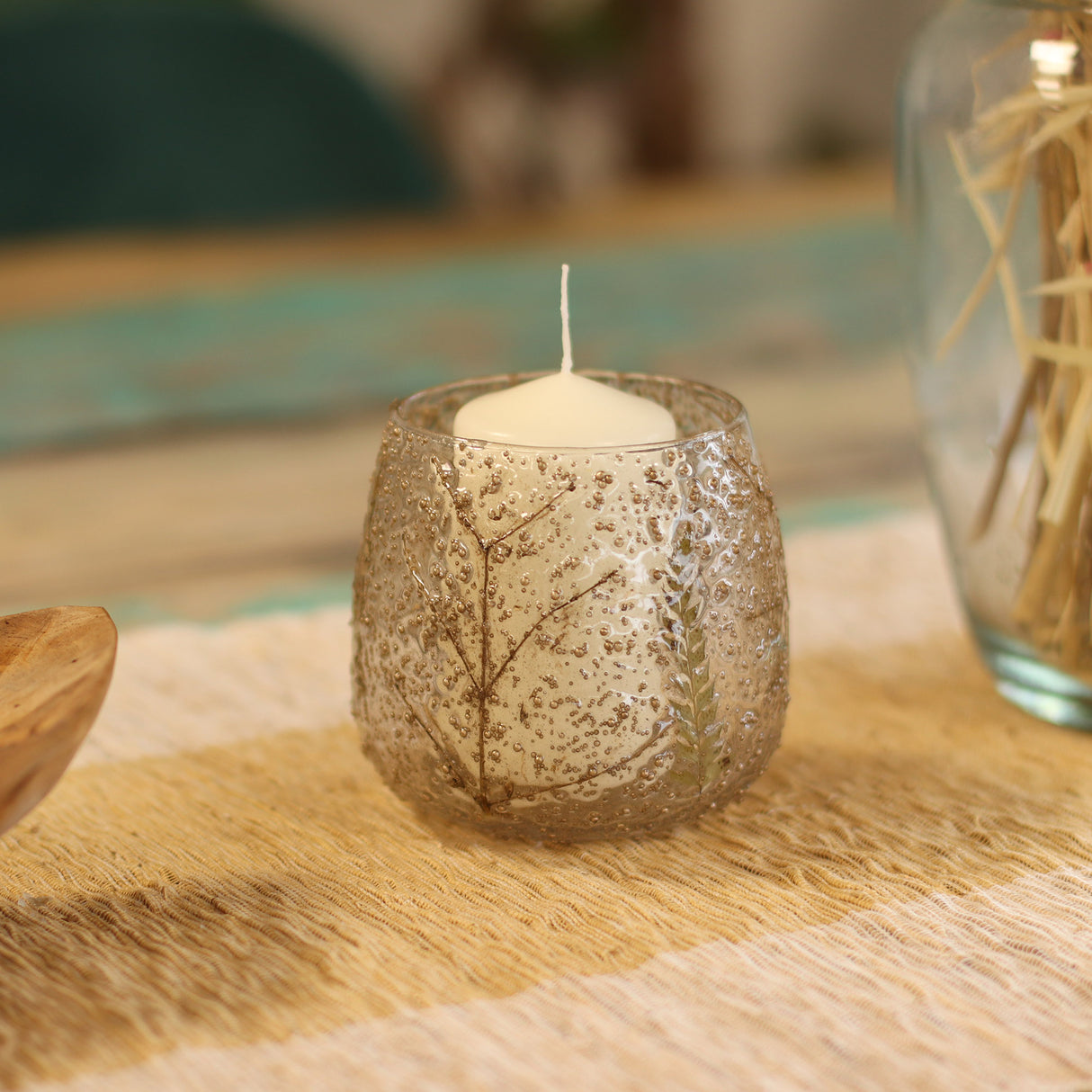 Bougeoir tealight en verre texturé fougère 10x9 cm