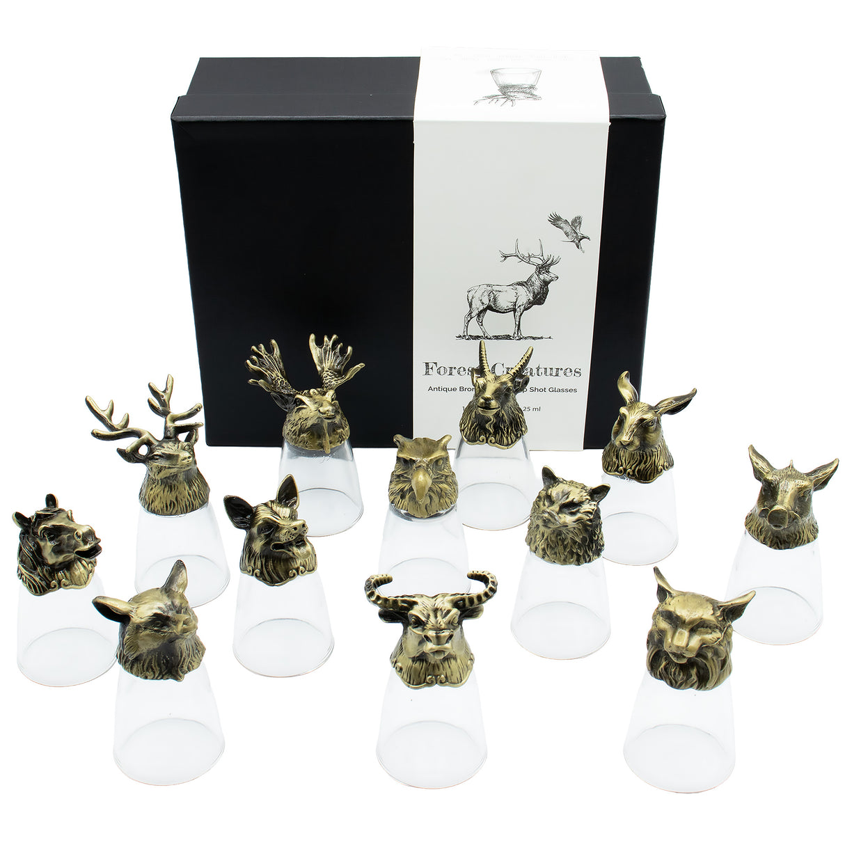 12 verres à shot animaux de la forêt à fond large, bronze antique