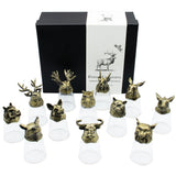 12 verres à shot animaux de la forêt à fond large, bronze antique