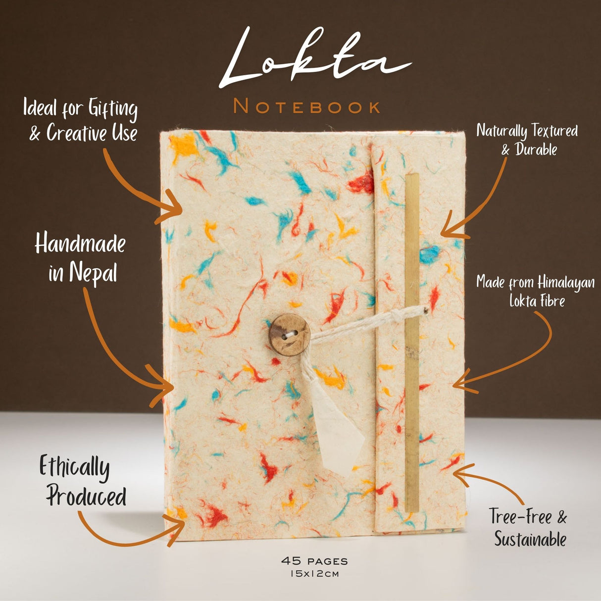 Håndlavet Nepalesisk Lokta Notesbog 15x12cm, 45 Ulinjerede Sider