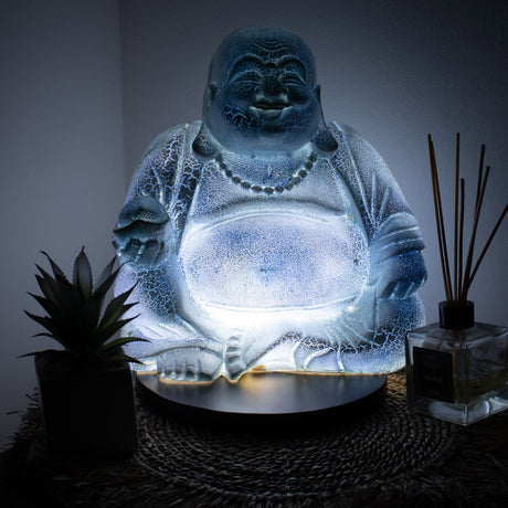 Nauraavan Buddhan lamppu taivaansininen - pyöreä jalusta