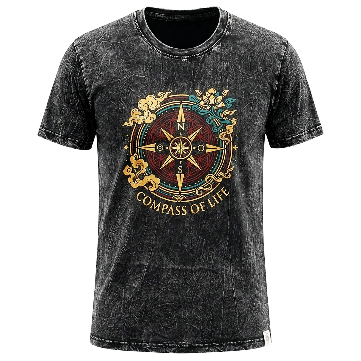 Nomad Sari Stonewashed Baumwoll-T-Shirt – Kompass des Lebens – Anthrazit – XL
