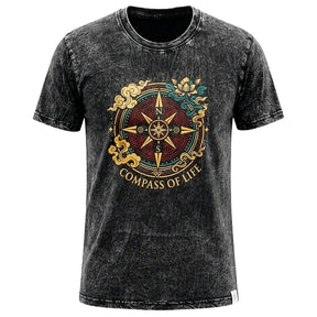 Nomad Sari Stonewashed Baumwoll-T-Shirt – Kompass des Lebens – Anthrazit – XL
