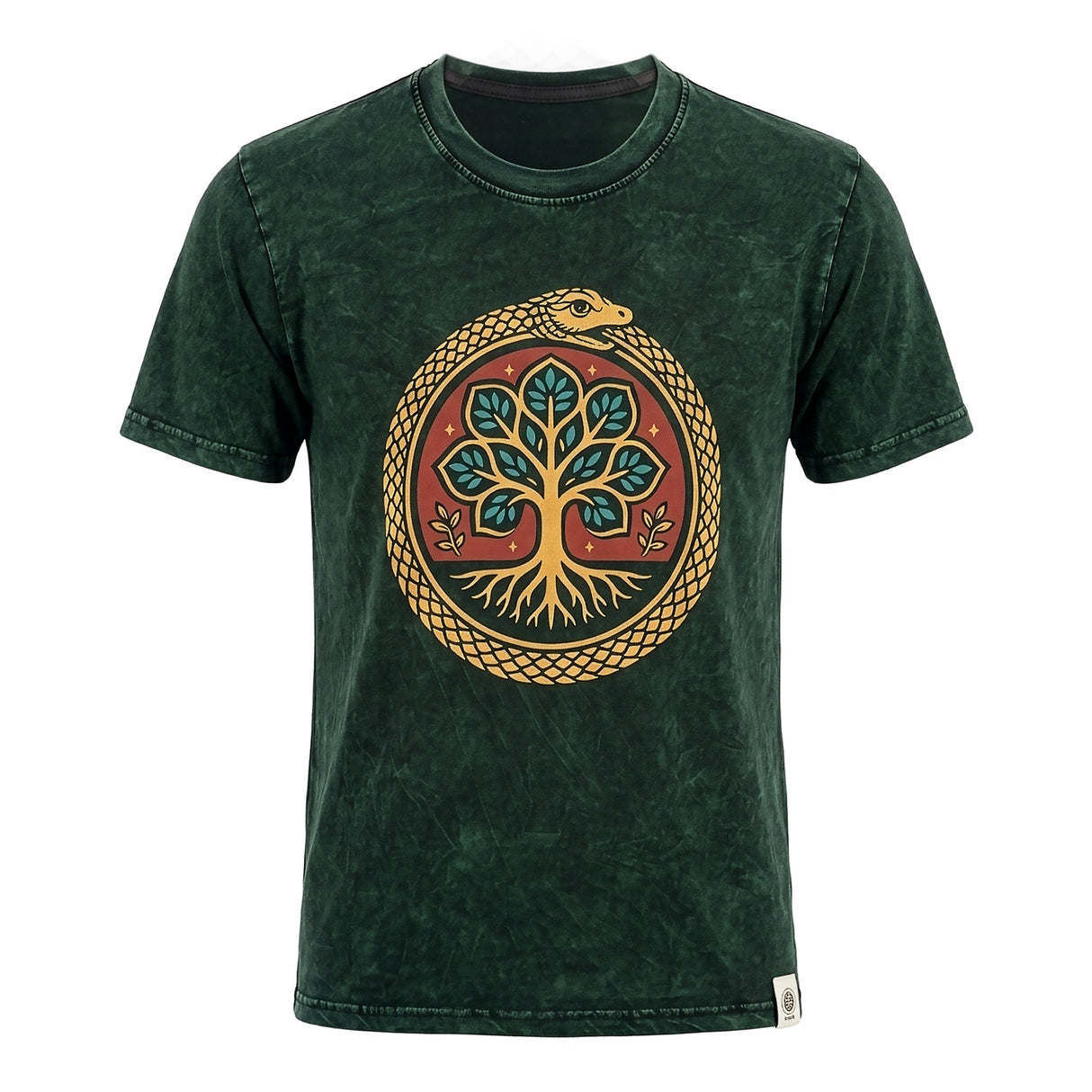 Nomad Sari Stonewashed Baumwoll-T-Shirt – Baum des Lebens – Grün – Medium
