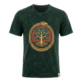 Nomad Sari Stonewashed Baumwoll-T-Shirt – Baum des Lebens – Grün – Medium
