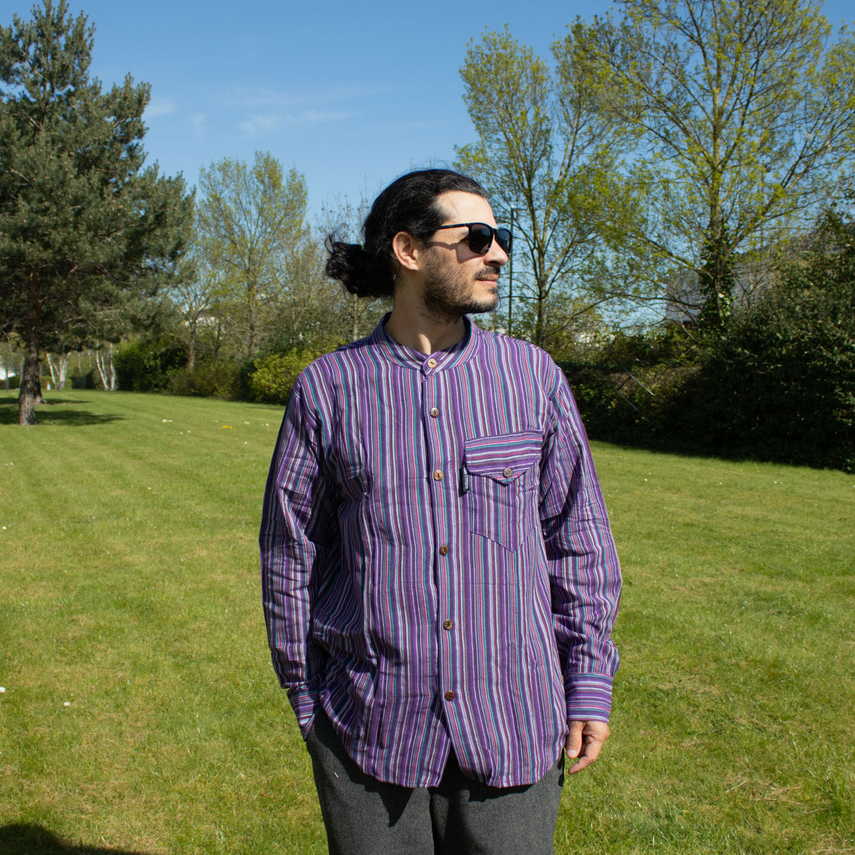 Nomad Sari Grandad Shirt - Black Purple - Large