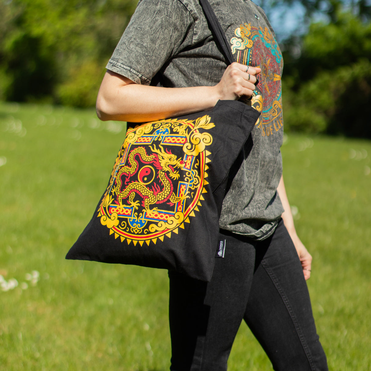 Iconic Classic Tote Bag - Dragon Yin & Yang- Black 6oz