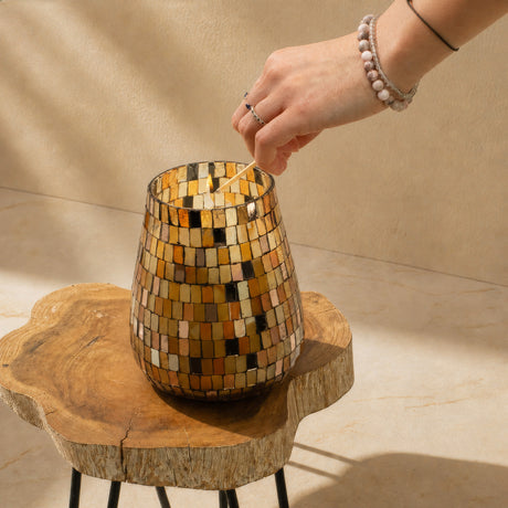 Velas en tarro alto de vidrio - Mosaico ámbar