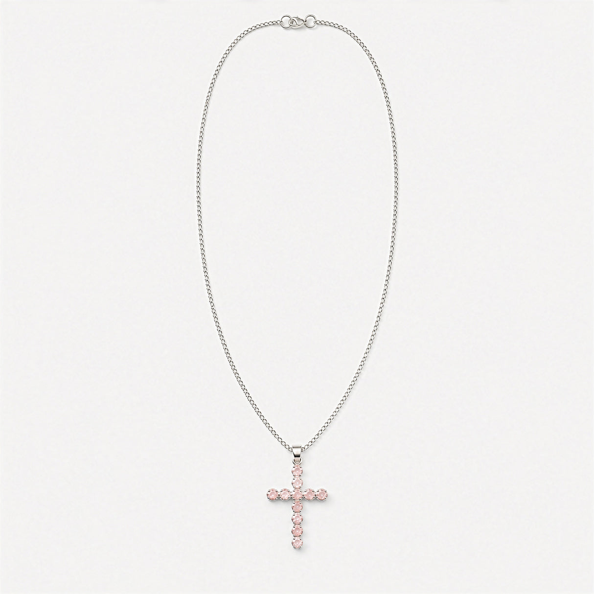 Indischer Andachtsanhänger – versilbert (45 cm Kette) – Rosenquarz-Kreuz