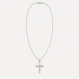 Indischer Andachtsanhänger – versilbert (45 cm Kette) – Rosenquarz-Kreuz