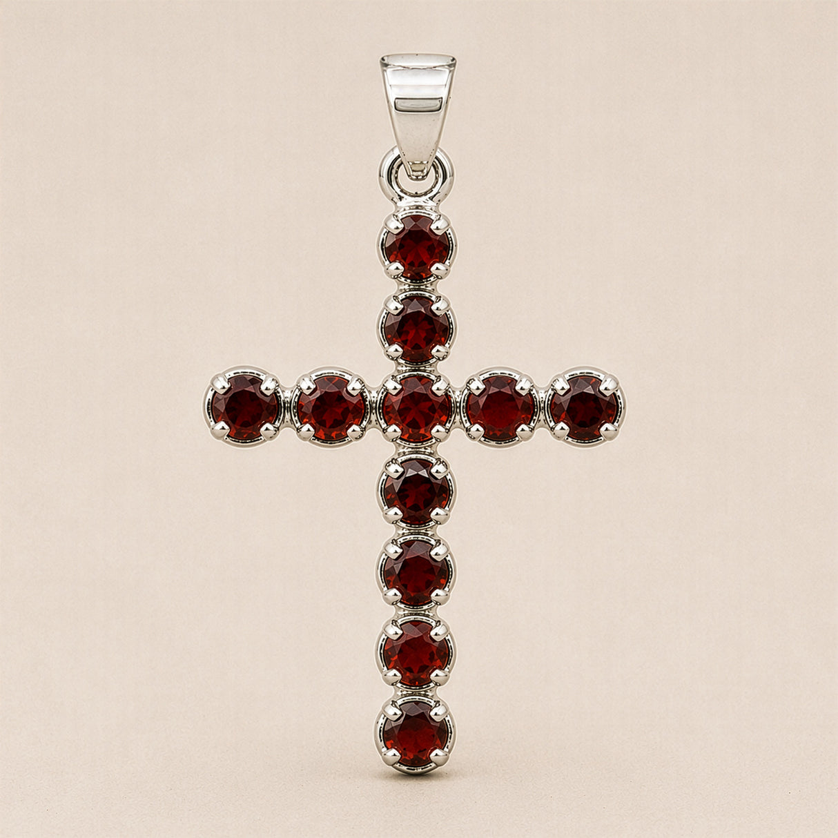 Indian Devotional Pendant - Silver Plated (45cm Chain)- Garnet Crucifix