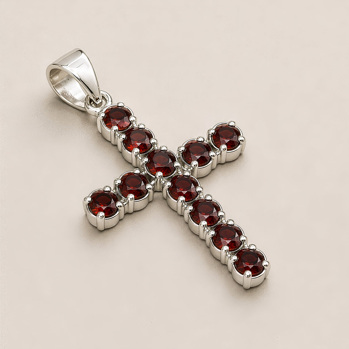 Indian Devotional Pendant - Silver Plated (45cm Chain)- Garnet Crucifix