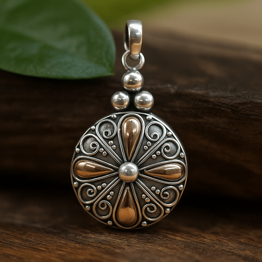 18k Gold and 925 Silver Round Pendant - SHAMTAM.COM