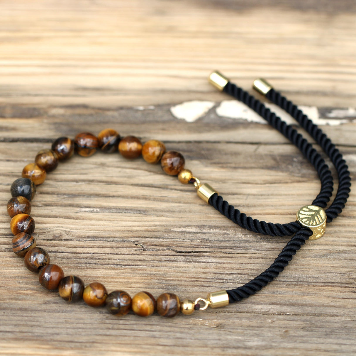 18K Gold Plated Gemstone Black String Bracelet - Tiger Eye - SHAMTAM.COM