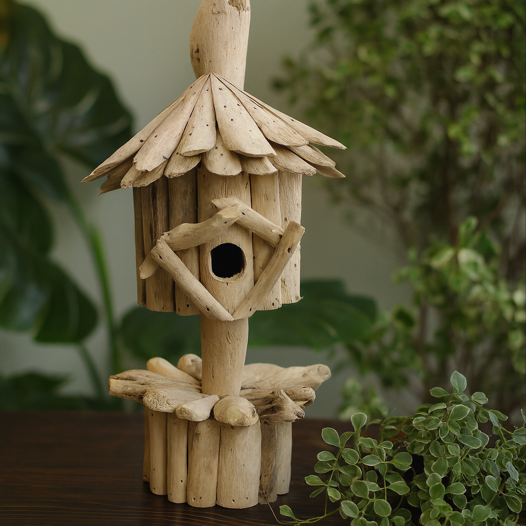 Casa para pájaros en soporte, madera flotante