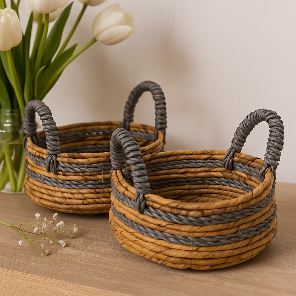 Cesta de rafia de hoja de plátano y Abu-abu, juego de 2