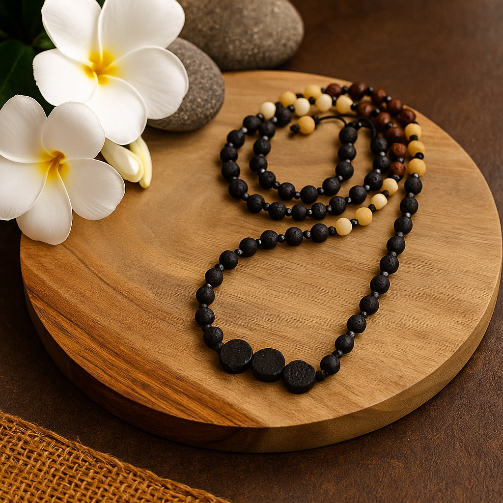 Long Black Lava Stone Necklace Handmade in Bali