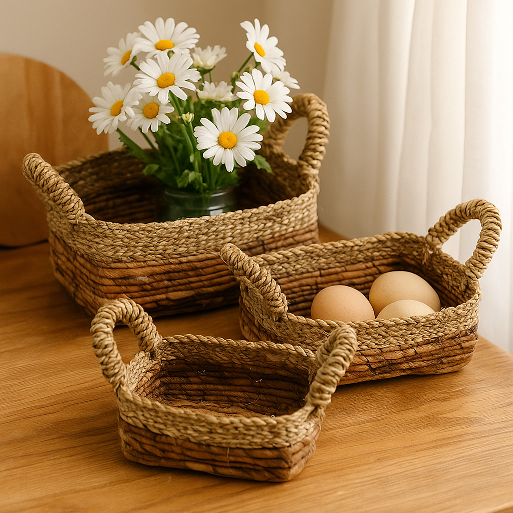 Cesta cuadrada de hoja de plátano y pasto marino - Juego de 3