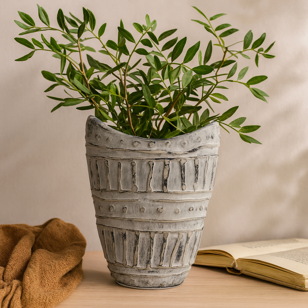 Maljakko leveä kaula boho kerma 22cm