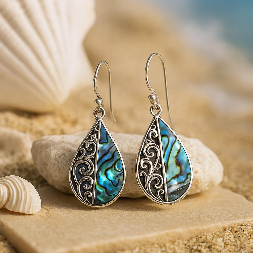 Abalone Schelp Oorbellen Druppelvormige Sterling Zilveren Paar