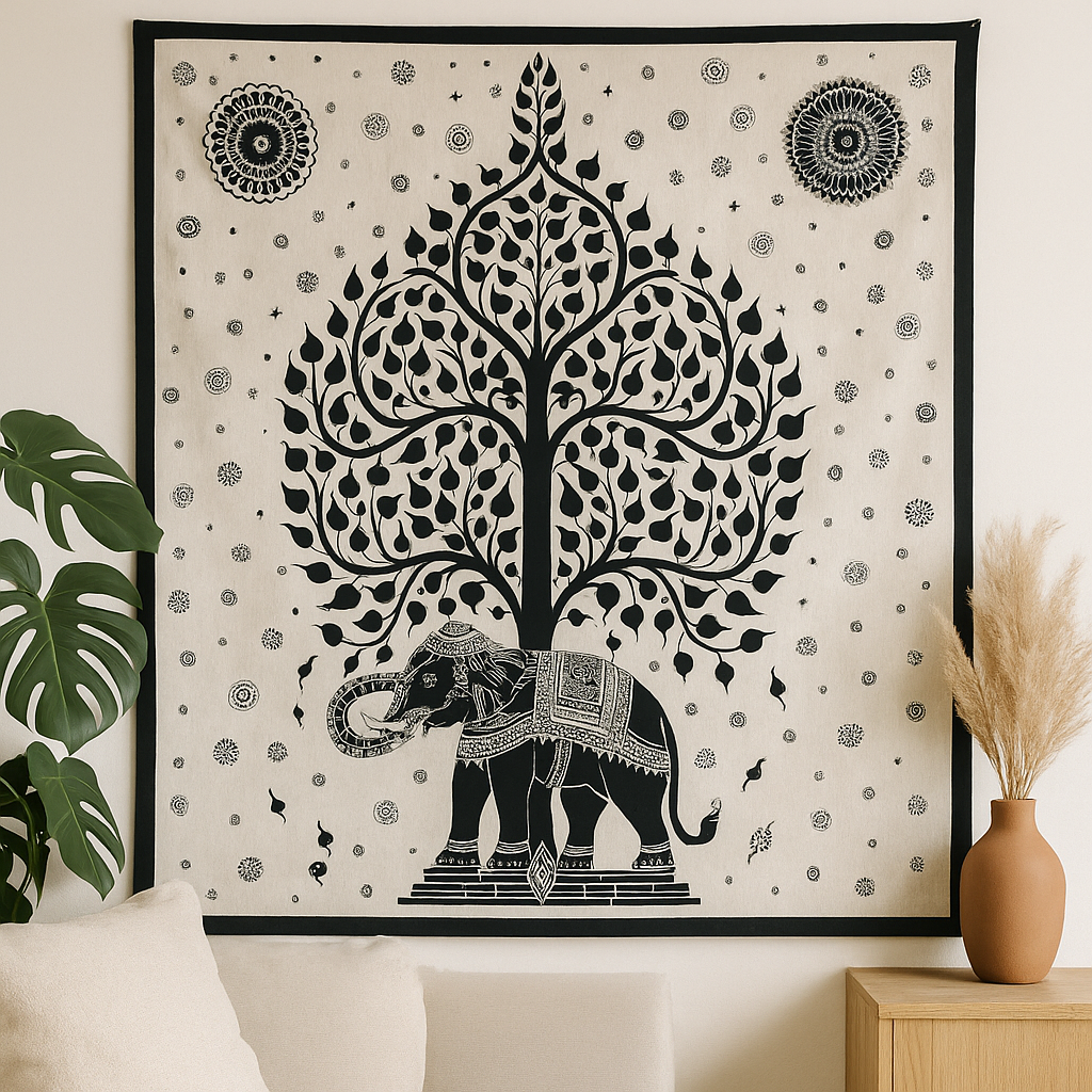 Colcha Doble de Algodón + Tapiz de Pared - Mono - Árbol Elefante