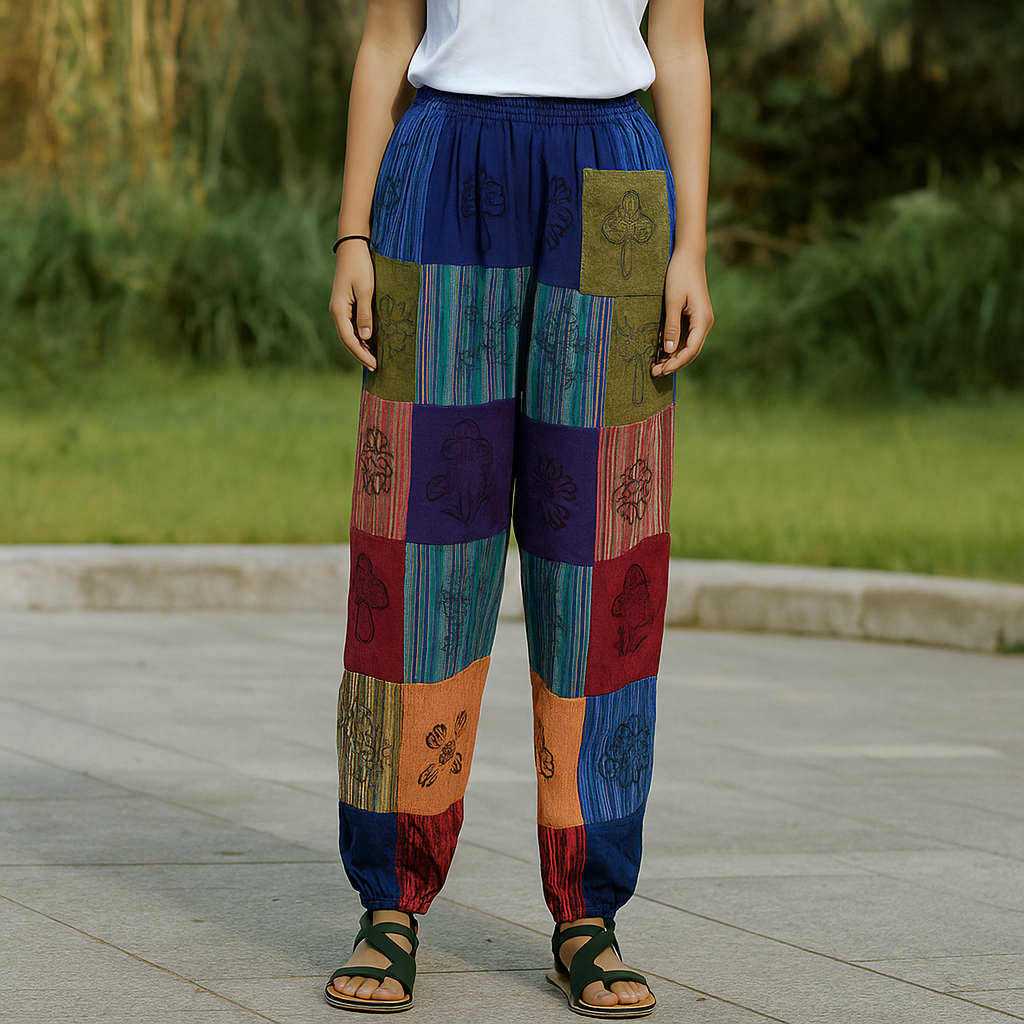 Pantaloni Funghi Stampa a Blocchi Viola Nomade Sari