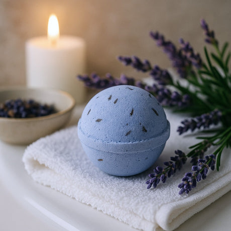 Blue bath bomb with lavender flowers and a candle on a white surface
