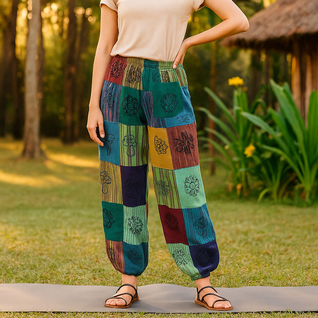 Pantaloni Funghi Stampa a Blocchi Verde Piccolo Medio